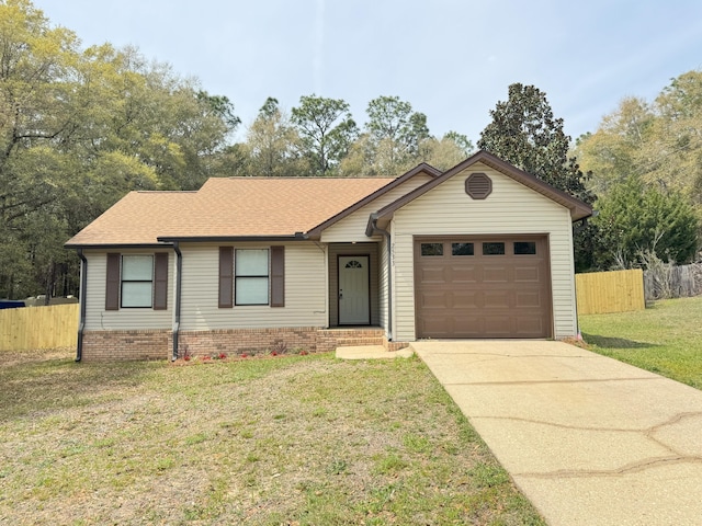 ranch-style home featuring fence, a shingled roof, an attached garage, a front yard, and driveway