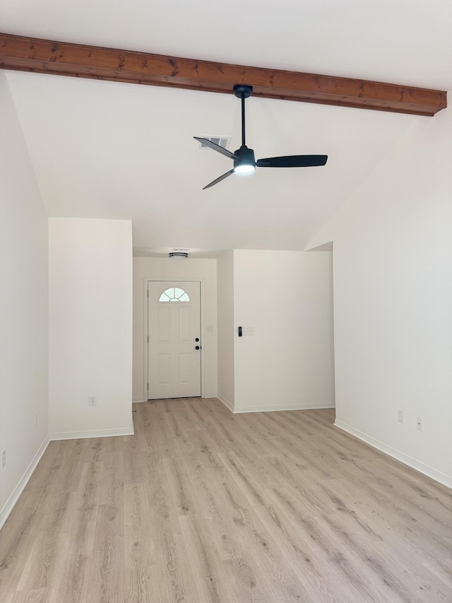 foyer with light wood-style floors, lofted ceiling with beams, baseboards, and ceiling fan