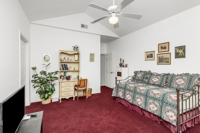 446 Marion Dr, Niceville, FL 32578 - bedroom featuring visible vents, a ceiling fan, carpet flooring, and high vaulted ceiling