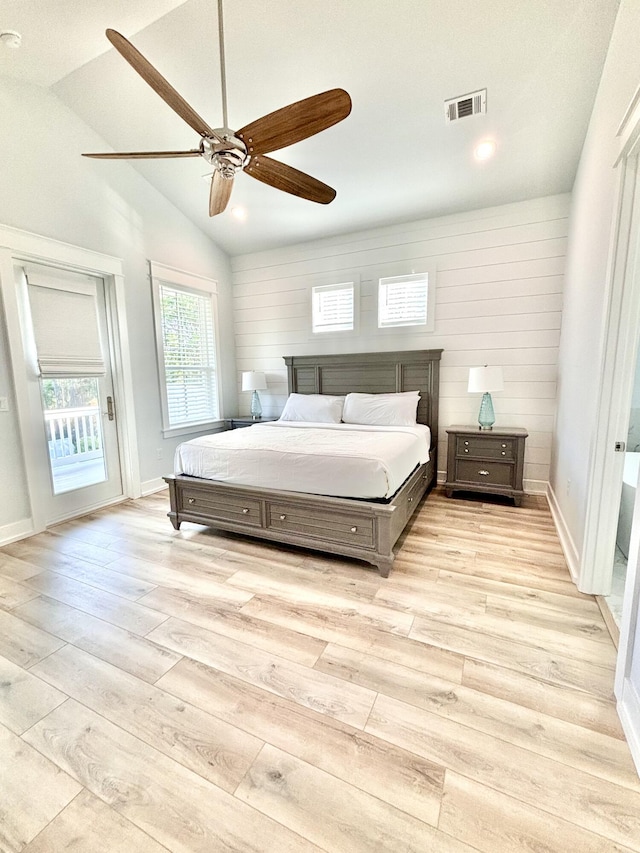 90 Montigo Ave, Santa Rosa Beach, FL 32459 - bedroom with light wood-style floors, lofted ceiling, access to outside, baseboards, and a ceiling fan