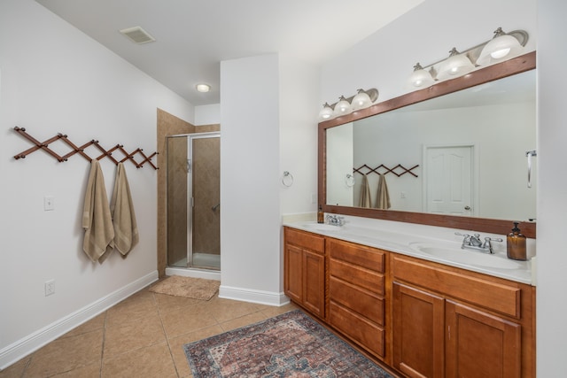 bathroom with a shower stall, visible vents, tile patterned flooring, and a sink