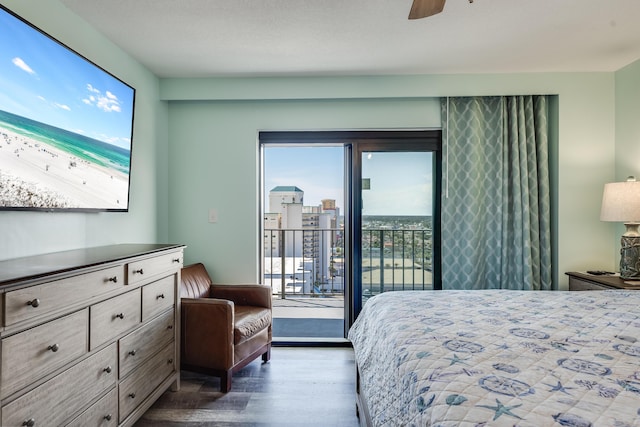 6201 Thomas Dr Unit 1510, Panama City Beach, FL 32408 - bedroom with ceiling fan, dark wood-type flooring, and access to outside