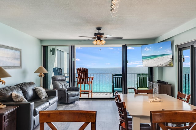 6201 Thomas Dr Unit 1510, Panama City Beach, FL 32408 - living area featuring rail lighting, a textured ceiling, ceiling fan, and wood finished floors