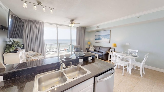 16819 Front Beach Rd Unit 210, Panama City Beach, FL 32413 - kitchen featuring stainless steel dishwasher, a sink, dark countertops, a ceiling fan, and a wall of windows