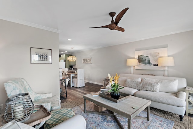 2381 W County Highway 30a Unit 8, Santa Rosa Beach, FL 32459 - living room with crown molding, ceiling fan, dark wood-style floors, recessed lighting, and a chandelier