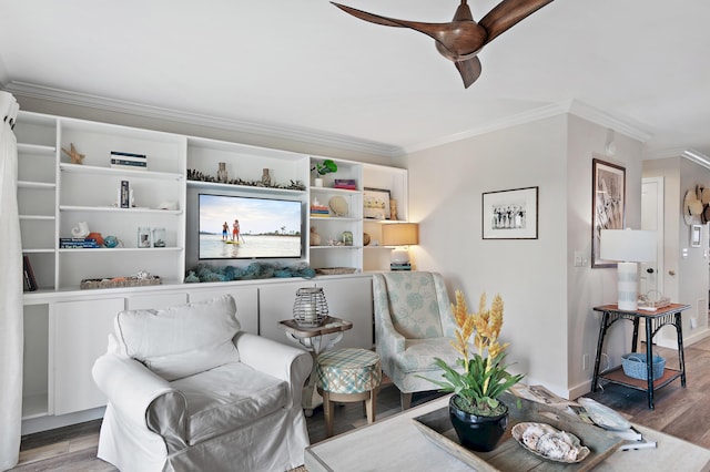2381 W County Highway 30a Unit 8, Santa Rosa Beach, FL 32459 - living area with ornamental molding, wood finished floors, and a ceiling fan
