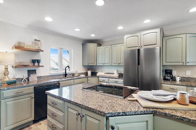 2381 W County Highway 30a Unit 8, Santa Rosa Beach, FL 32459 - kitchen with freestanding refrigerator, black dishwasher, cooktop, crown molding, and light wood-style flooring