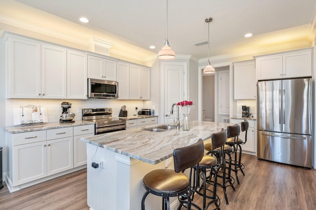 kitchen with an island with sink, a kitchen breakfast bar, wood finished floors, stainless steel appliances, and a sink