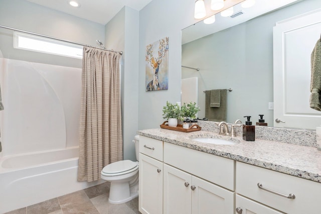 bathroom with visible vents, toilet, recessed lighting, shower / bath combination with curtain, and vanity