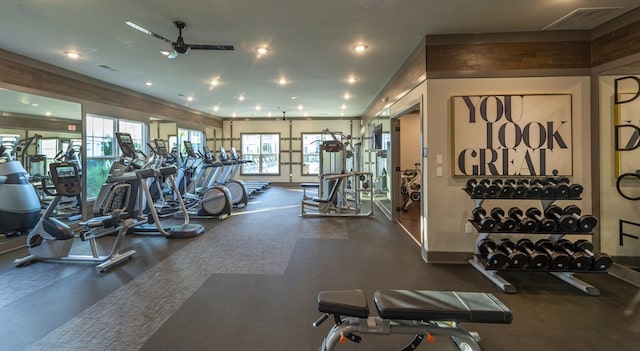 exercise room featuring recessed lighting, a ceiling fan, and visible vents