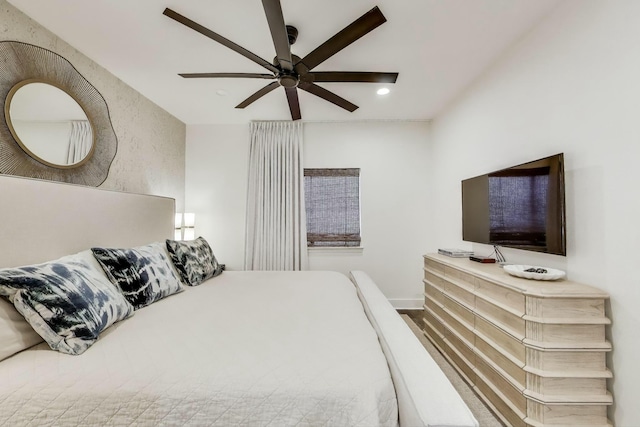 bedroom with ceiling fan and recessed lighting