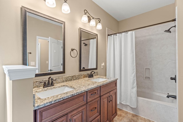 bathroom with shower / tub combo, tile patterned flooring, double vanity, and a sink