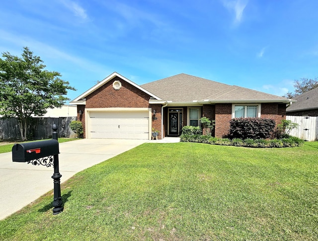 ranch-style house featuring a front lawn, a garage, driveway, brick siding, and fence