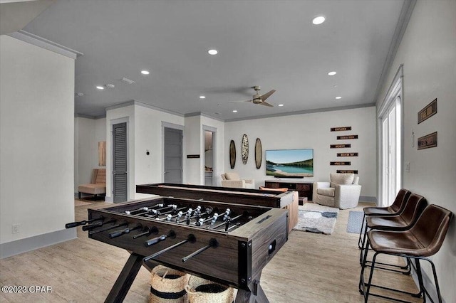 8320 Surf Dr, Panama City Beach, FL 32408 - game room featuring crown molding, wood finished floors, a ceiling fan, and recessed lighting