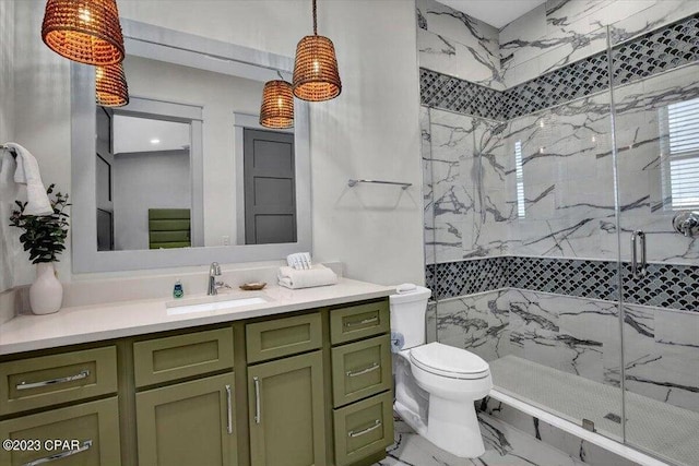8320 Surf Dr, Panama City Beach, FL 32408 - full bathroom featuring vanity, toilet, marble finish floor, and a marble finish shower