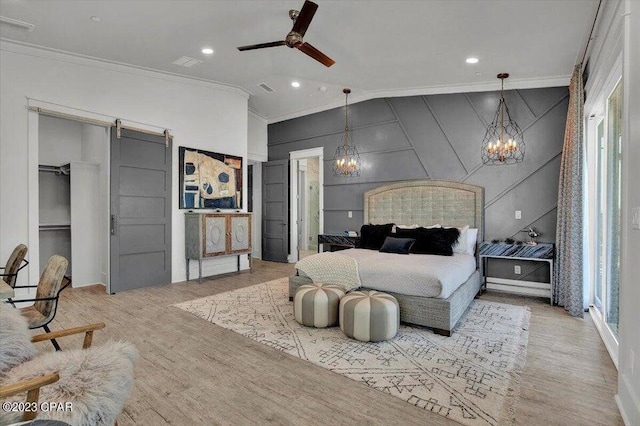 8320 Surf Dr, Panama City Beach, FL 32408 - bedroom with visible vents, ornamental molding, ceiling fan with notable chandelier, recessed lighting, and lofted ceiling