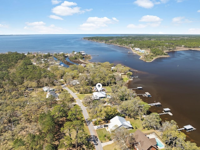aerial view with a water view and a wooded view