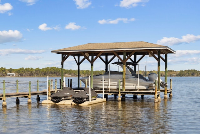 dock area featuring boat lift and a water view