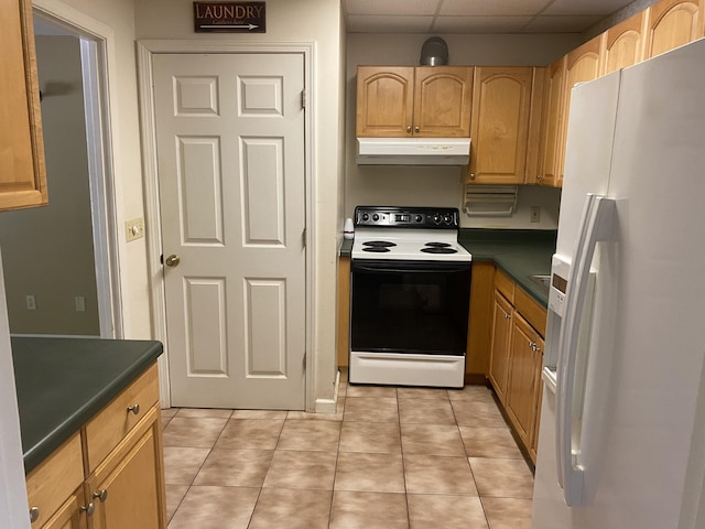 3139 Live Oak St, Navarre, FL 32566 - kitchen featuring electric range, a paneled ceiling, light tile patterned floors, white fridge with ice dispenser, and under cabinet range hood