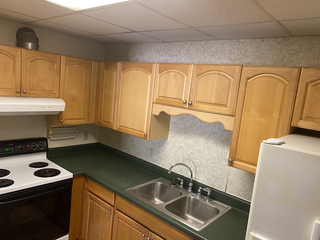 3139 Live Oak St, Navarre, FL 32566 - kitchen featuring range with electric stovetop, a sink, a drop ceiling, and range hood