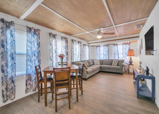 dining room featuring visible vents, ceiling fan, and wood finished floors