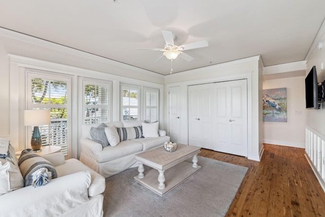 1848 E County Highway 30a Unit 4, Santa Rosa Beach, FL 32459 - living room featuring ceiling fan, baseboards, plenty of natural light, wood finished floors, and ornamental molding