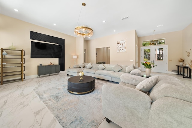 living room with visible vents, recessed lighting, marble finish floor, baseboards, and a notable chandelier