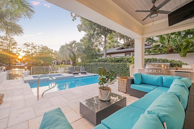 view of pool featuring a patio area, a ceiling fan, a grill, area for grilling, and outdoor lounge area