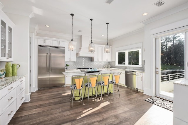 kitchen with white cabinetry, dark wood-style flooring, visible vents, appliances with stainless steel finishes, and custom exhaust hood