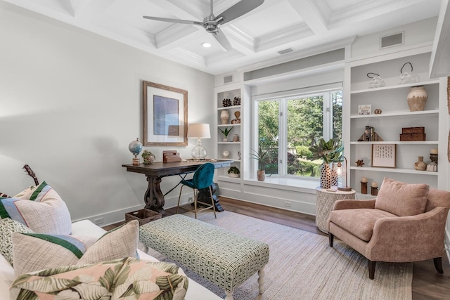 home office with visible vents, beamed ceiling, wood finished floors, a ceiling fan, and coffered ceiling