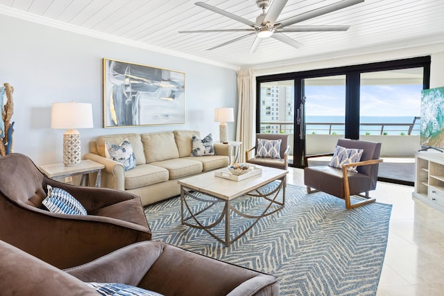 291 Scenic Gulf Dr Unit 1405, Miramar Beach, FL 32550 - living area featuring light tile patterned floors, wood ceiling, crown molding, and ceiling fan
