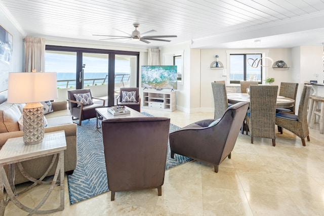 291 Scenic Gulf Dr Unit 1405, Miramar Beach, FL 32550 - living room with baseboards, ceiling fan, wood ceiling, ornamental molding, and light tile patterned floors
