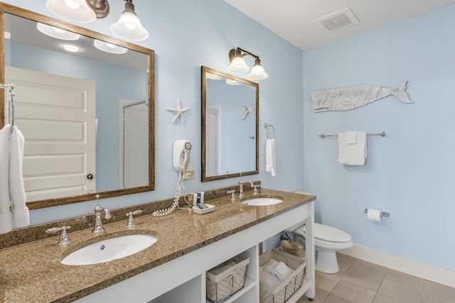 bathroom with visible vents, a sink, toilet, and tile patterned floors