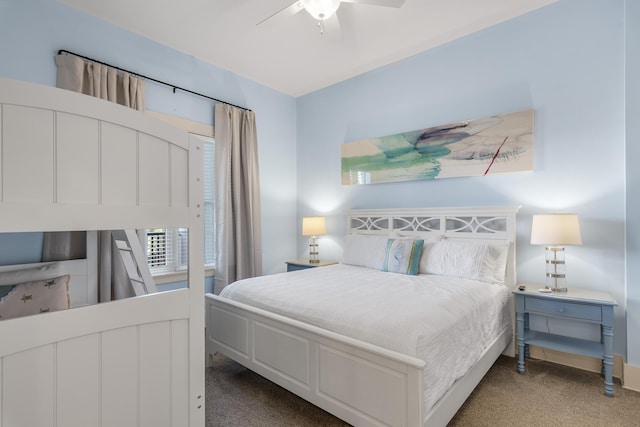carpeted bedroom with access to exterior and ceiling fan
