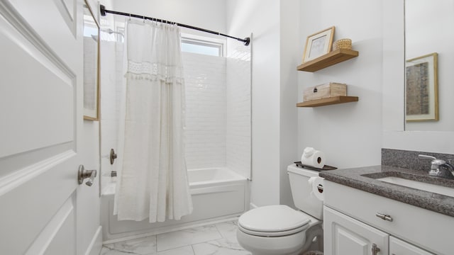 294 Gulfview Cir, Santa Rosa Beach, FL 32459 - full bath featuring shower / bathtub combination with curtain, toilet, marble finish floor, and vanity