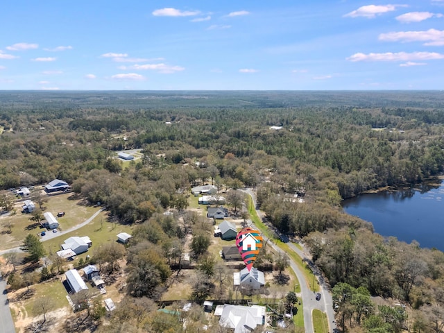 bird's eye view featuring a view of trees and a water view