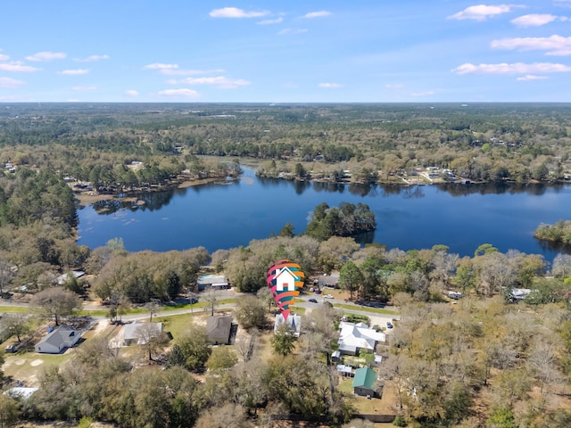 drone / aerial view with a view of trees and a water view