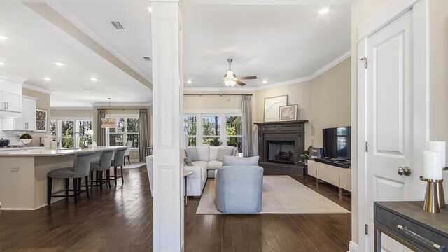 living area with a fireplace, dark wood-type flooring, visible vents, ceiling fan, and ornamental molding