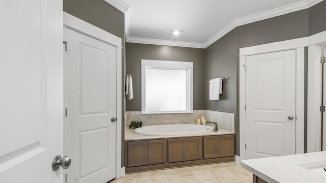 full bath with crown molding and a bath