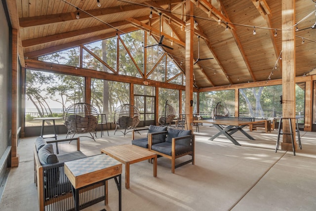 194 Mill Pond Cv, Freeport, FL 32439 - sunroom with wood ceiling, high vaulted ceiling, an outdoor hangout area, beam ceiling, and plenty of natural light