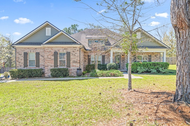 craftsman-style house featuring a front yard, fence, and brick siding