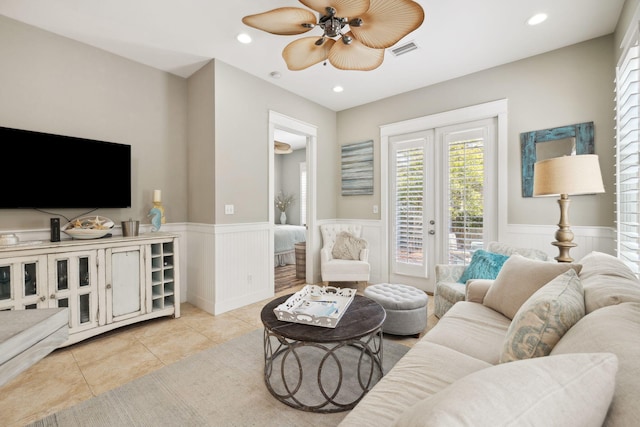 26 Classic Court Ln, Santa Rosa Beach, FL 32459 - tiled living room with recessed lighting, a ceiling fan, visible vents, and a wainscoted wall