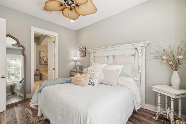 26 Classic Court Ln, Santa Rosa Beach, FL 32459 - bedroom with ensuite bath, ceiling fan, baseboards, and wood finished floors