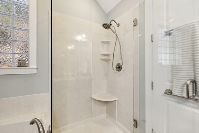 26 Classic Court Ln, Santa Rosa Beach, FL 32459 - bathroom featuring a shower stall and vaulted ceiling