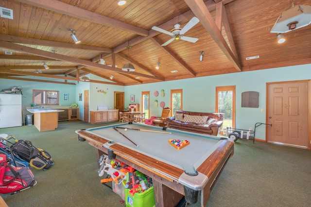 24776 Fifth Ave, Florala, AL 36442 - playroom featuring carpet flooring, billiards, wooden ceiling, and vaulted ceiling with beams