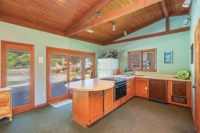 24776 Fifth Ave, Florala, AL 36442 - kitchen featuring electric range, a peninsula, light countertops, and freestanding refrigerator