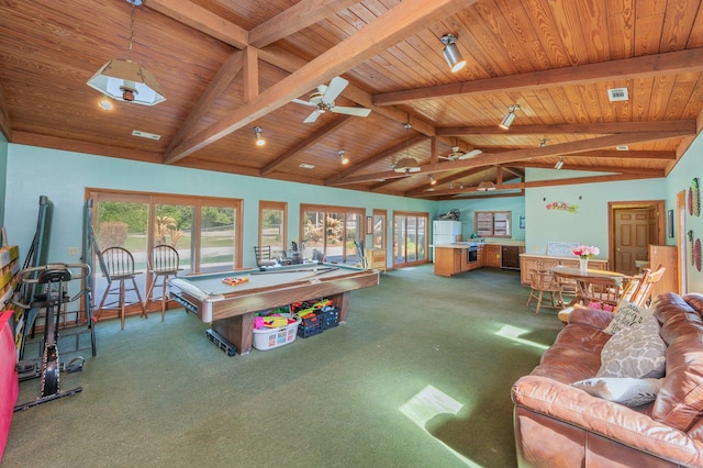 24776 Fifth Ave, Florala, AL 36442 - game room featuring carpet, ceiling fan, beam ceiling, wooden ceiling, and billiards