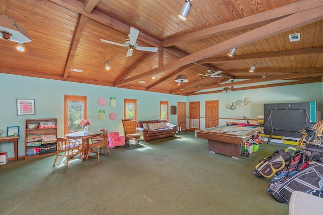 24776 Fifth Ave, Florala, AL 36442 - recreation room with visible vents, lofted ceiling with beams, carpet, pool table, and ceiling fan