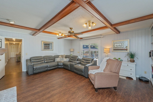 24776 Fifth Ave, Florala, AL 36442 - living area featuring ceiling fan, beamed ceiling, a textured ceiling, and wood finished floors