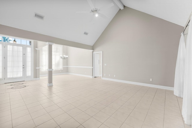 2511 Parkwood Dr, Panama City, FL 32405 - empty room with a ceiling fan, baseboards, visible vents, high vaulted ceiling, and beam ceiling